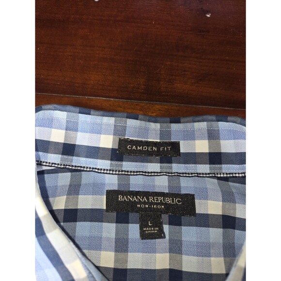 Banana Republic Shirt Men's Large Camden Fit Blue Gingham Plaid Non Iron Cotton - Picture 3 of 3